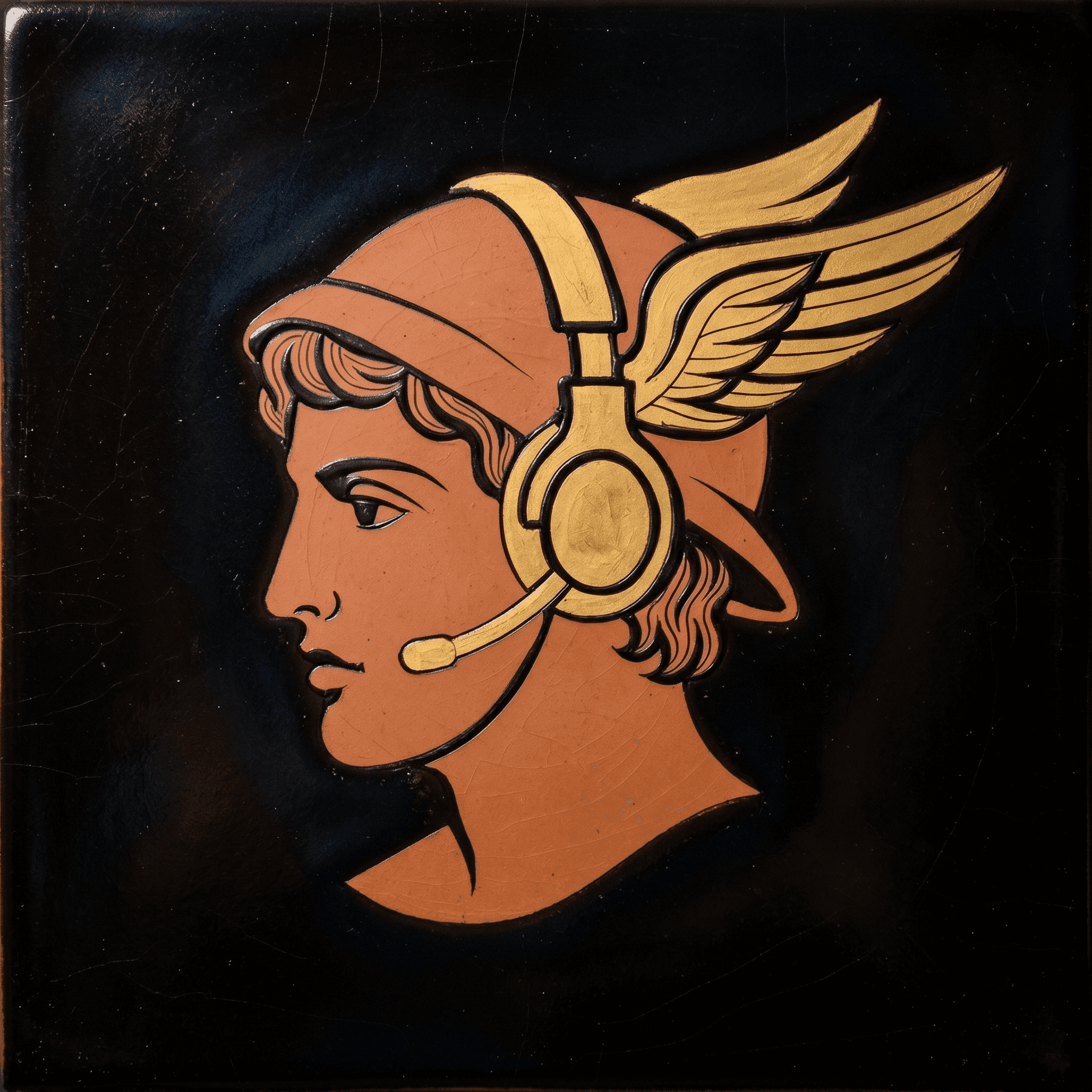 Hermes Conecta — Hermes profile with winged headset, red-figure style